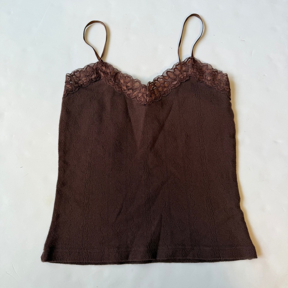 La Redoute Brown Lace Trim Pointelle Cami Y2K French Brand Tank Top Small